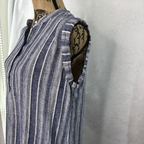 Cloth & Stone Women’s S Blue Stripe Button Up Sleeveless Linen Blend Shift Dress - Picture 3 of 6